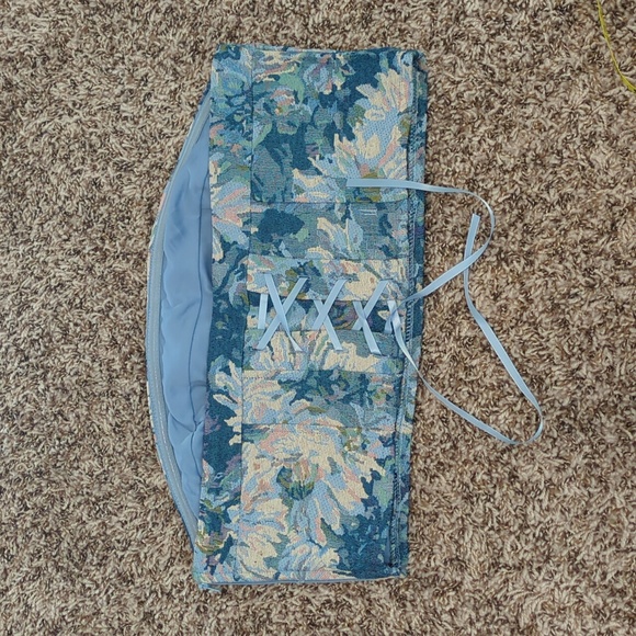 Madden NYC lichen blue brocade strapless floral swirl corset back crop tube top - Picture 10 of 13